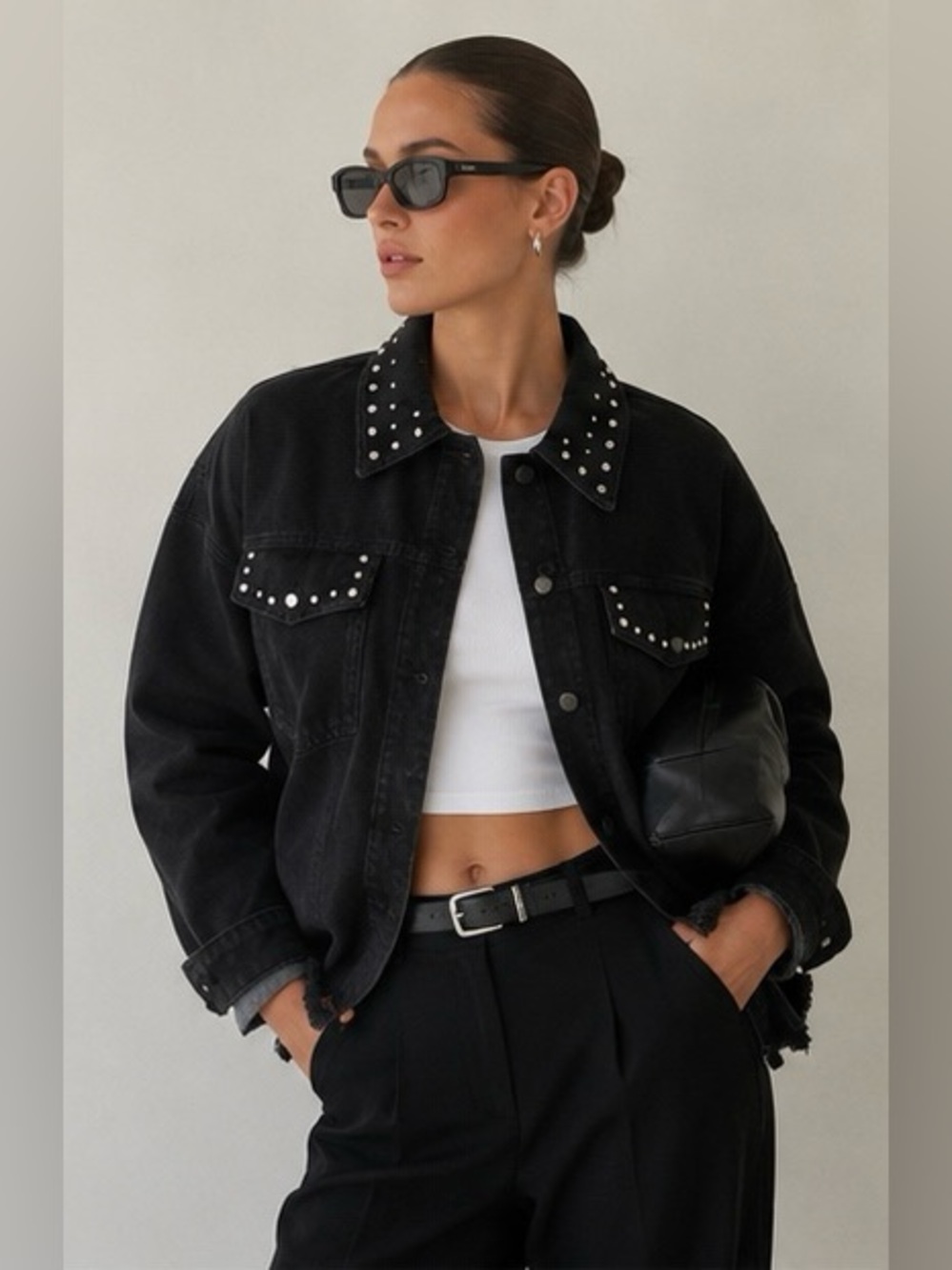 Zara Black Denim Shacket with Rhinestone studs Size S
